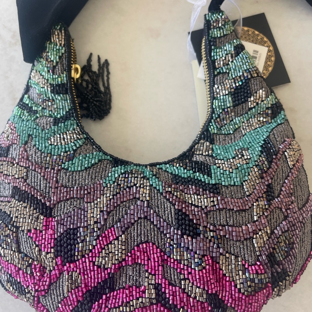 Beaded Multicolor Women's Shoulder Bag - Black Velvet Tie - Picture 3 of 5